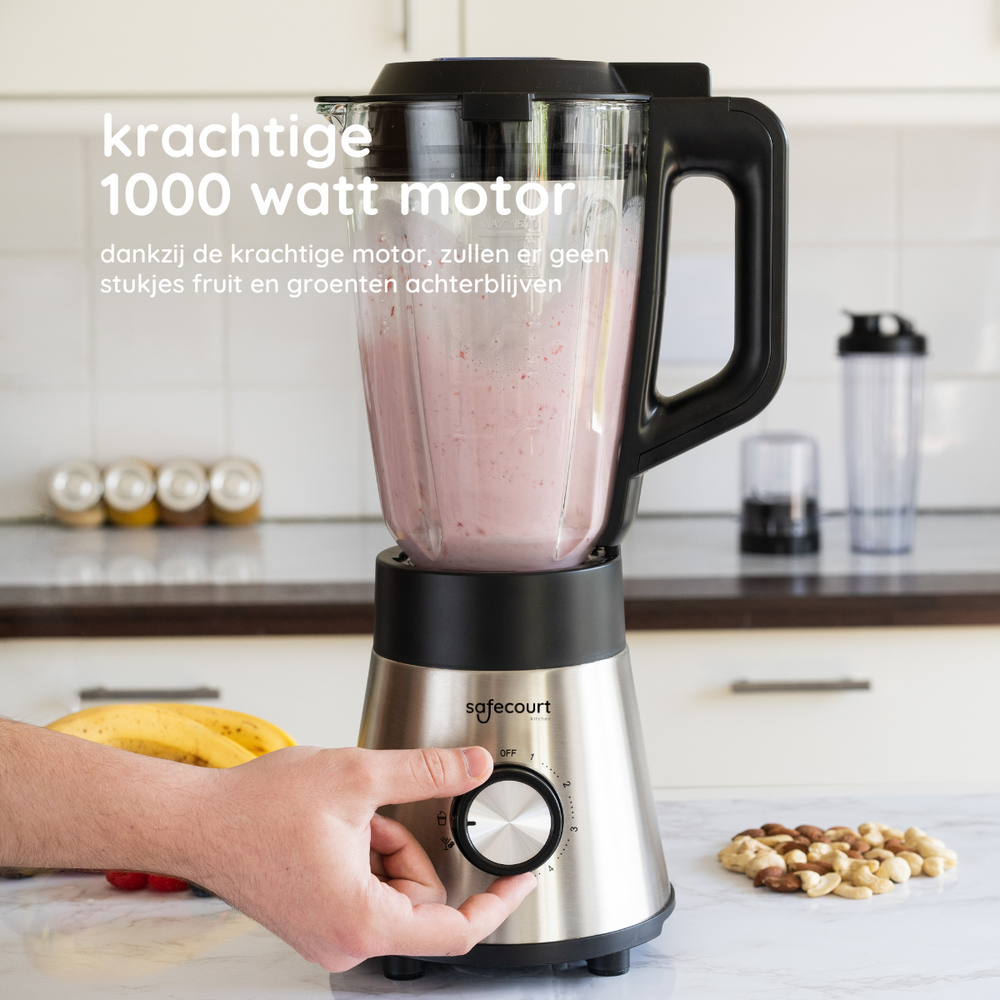 Safecourt Kitchen Power Blender - 5 automatische programma's - 1300 Watt - 1,5L glazen kan 1 sportbeker Koffiemolen - Smoothie maker - IJscrusher - Roestvrijstaal - BPA-vrij- Vaatwasserbestendig Safecourt Kitchen Power Blender - 5 automatische programma's - 1300 Watt - 1,5L glazen kan 1 sportbeker Koffiemolen - Smoothie maker - IJscrusher - Roestvrijstaal - BPA-vrij- Vaatwasserbestendig