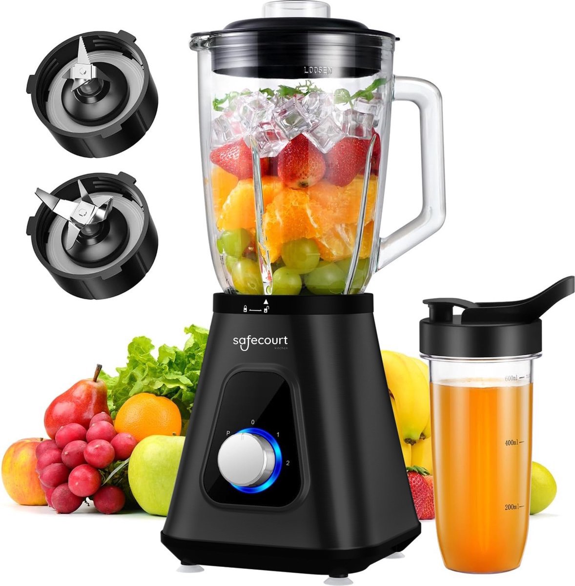 Safecourt Kitchen 2-in-1 Blender Combo met 600ml reisbeker en 1,5L glazen pot