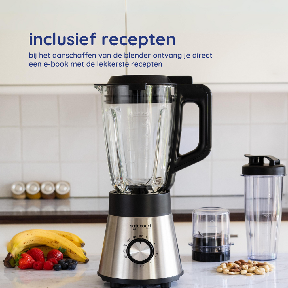 Safecourt Kitchen Blender met Glazen Kan & To-Go Beker - Krachtig Safecourt Kitchen Blender met Glazen Kan & To-Go Beker - Krachtig