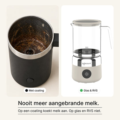 Nooit meer aangebrande melk: opschuimer met coating vs glas en RVS